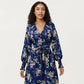 Floral Print Dress with V-Neckline, Long Sleeves, and Waist Tie