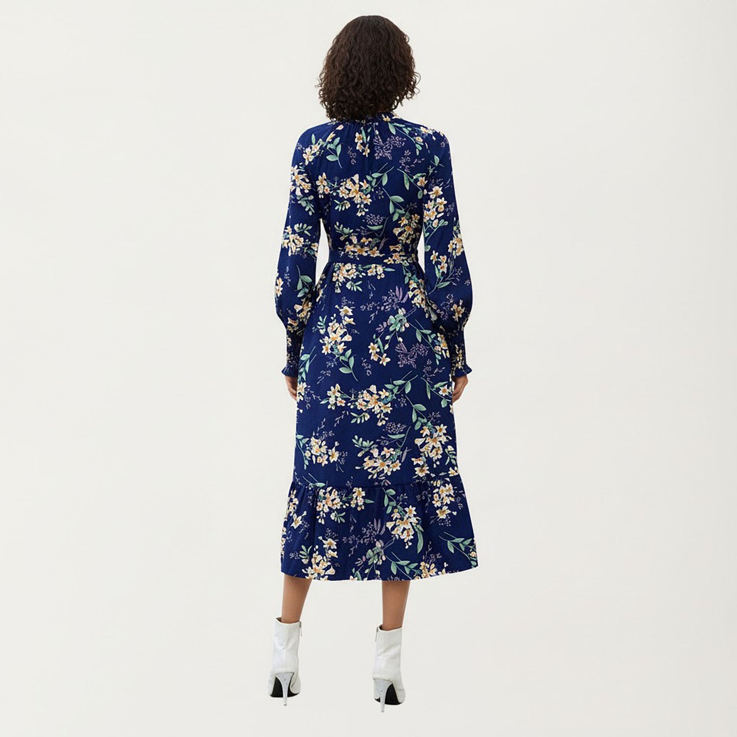 Floral Print Dress with V-Neckline, Long Sleeves, and Waist Tie