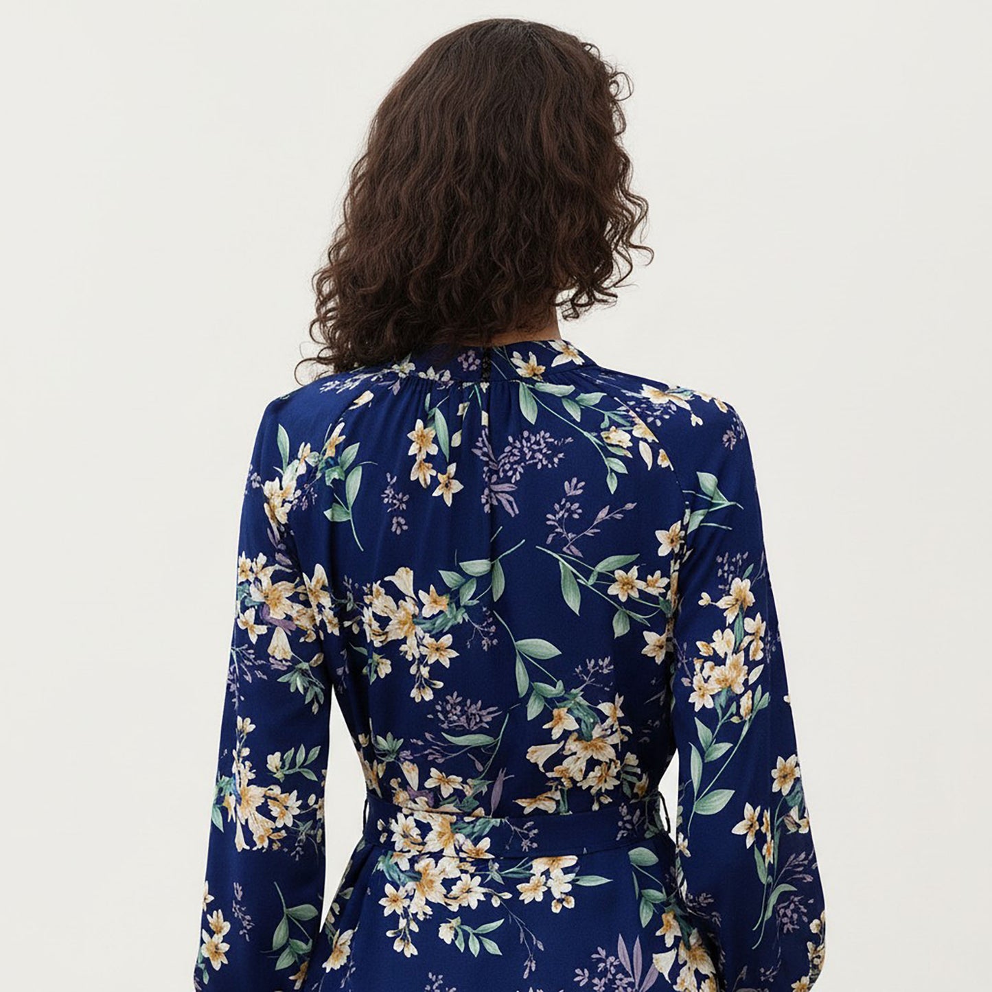 Floral Print Dress with V-Neckline, Long Sleeves, and Waist Tie