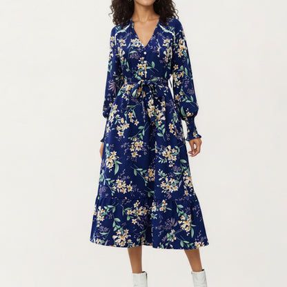 Floral Print Dress with V-Neckline, Long Sleeves, and Waist Tie
