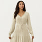 Pleated V-Neck Dress with Long Sleeves and Waist Tie