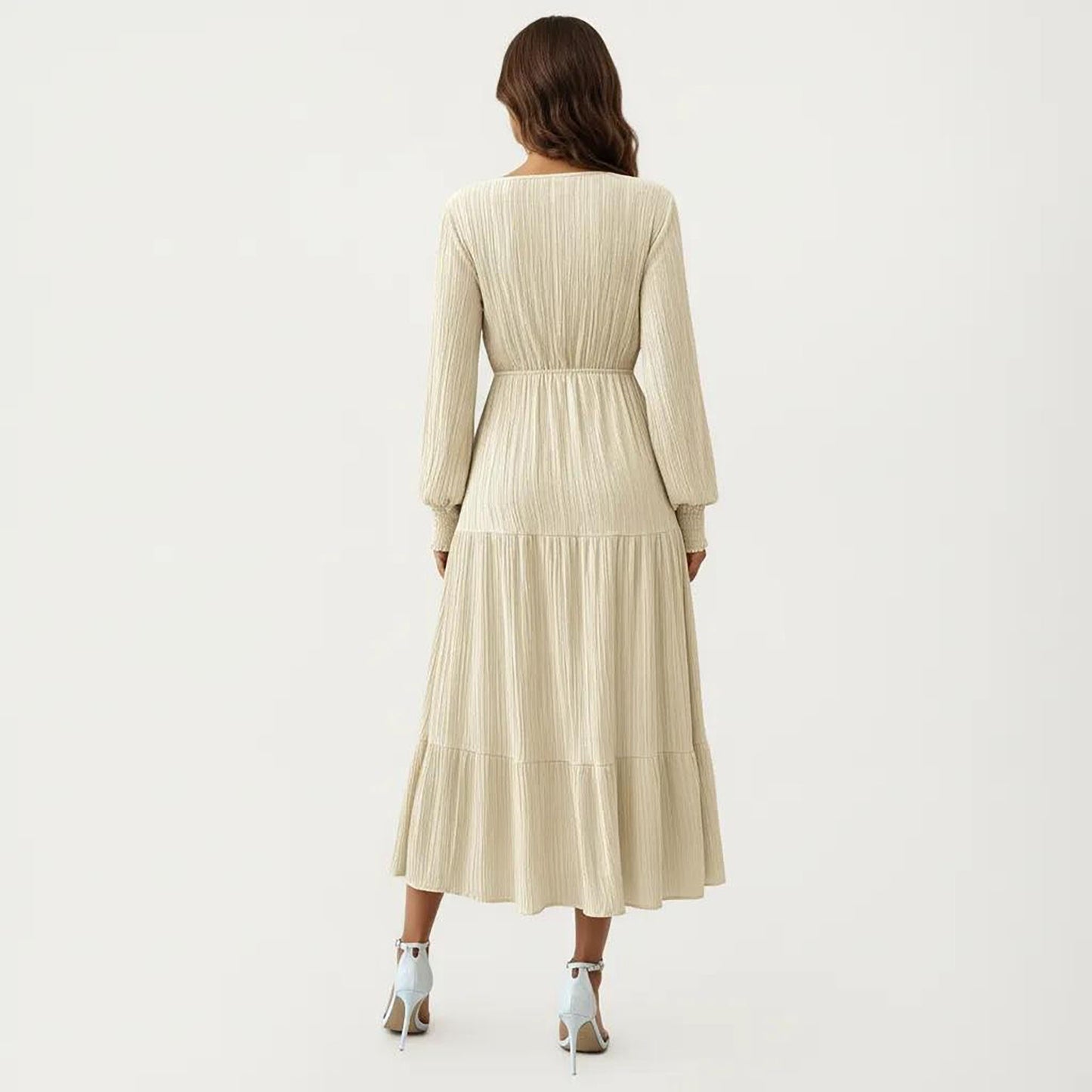Pleated V-Neck Dress with Long Sleeves and Waist Tie