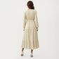Pleated V-Neck Dress with Long Sleeves and Waist Tie