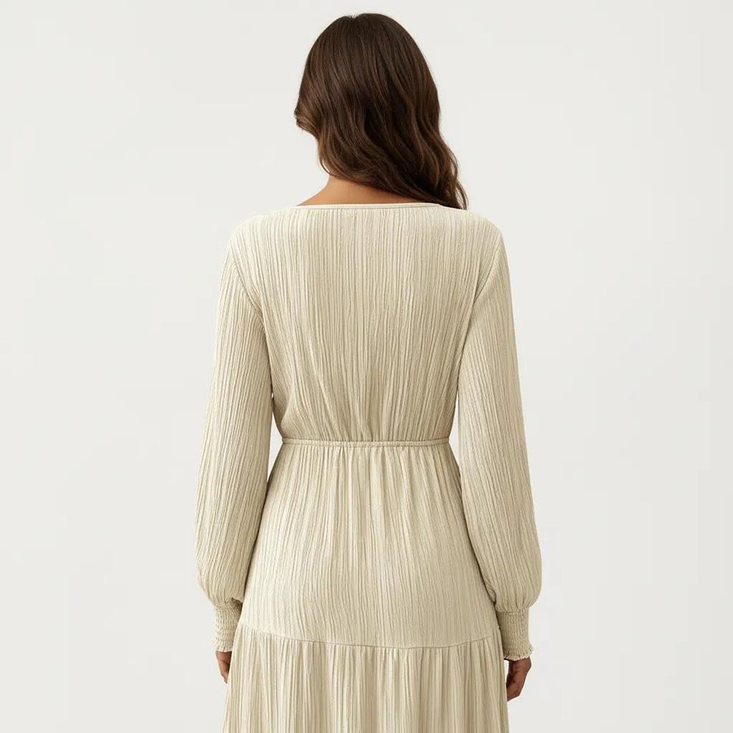 Pleated V-Neck Dress with Long Sleeves and Waist Tie