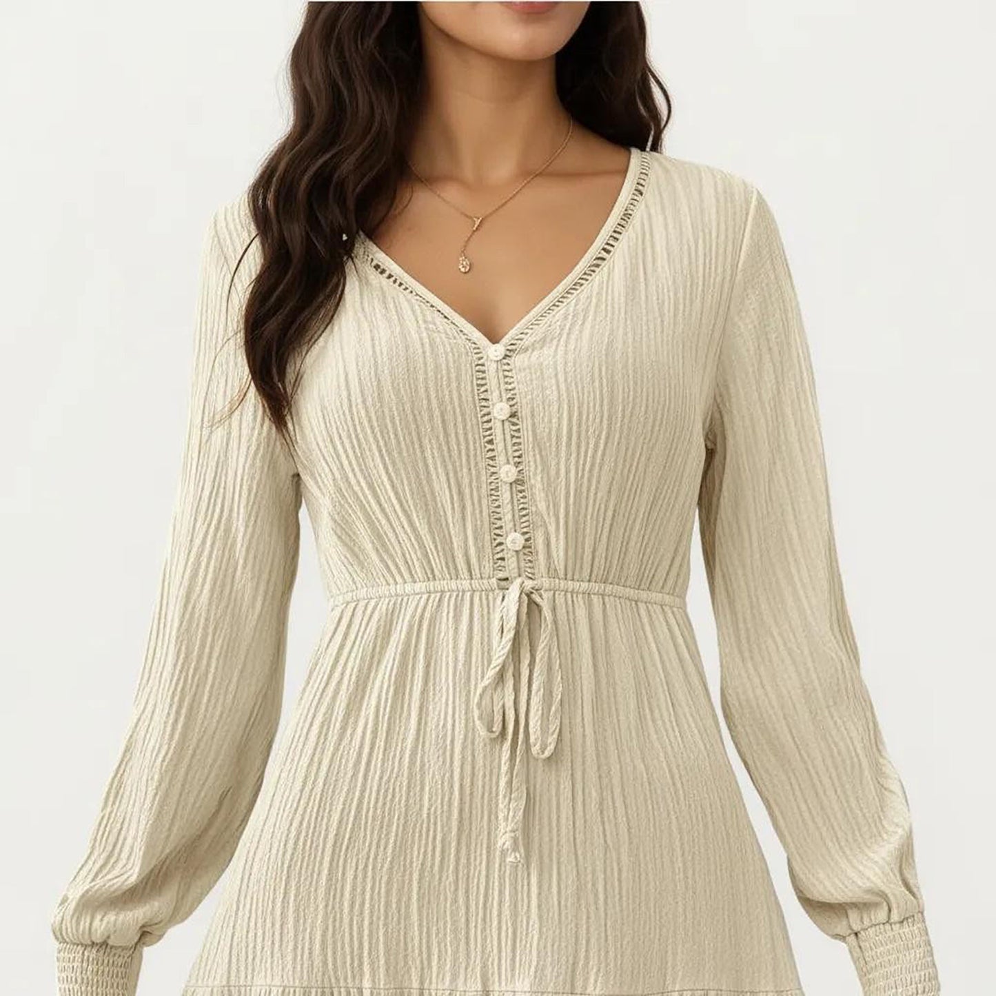 Pleated V-Neck Dress with Long Sleeves and Waist Tie