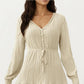 Pleated V-Neck Dress with Long Sleeves and Waist Tie