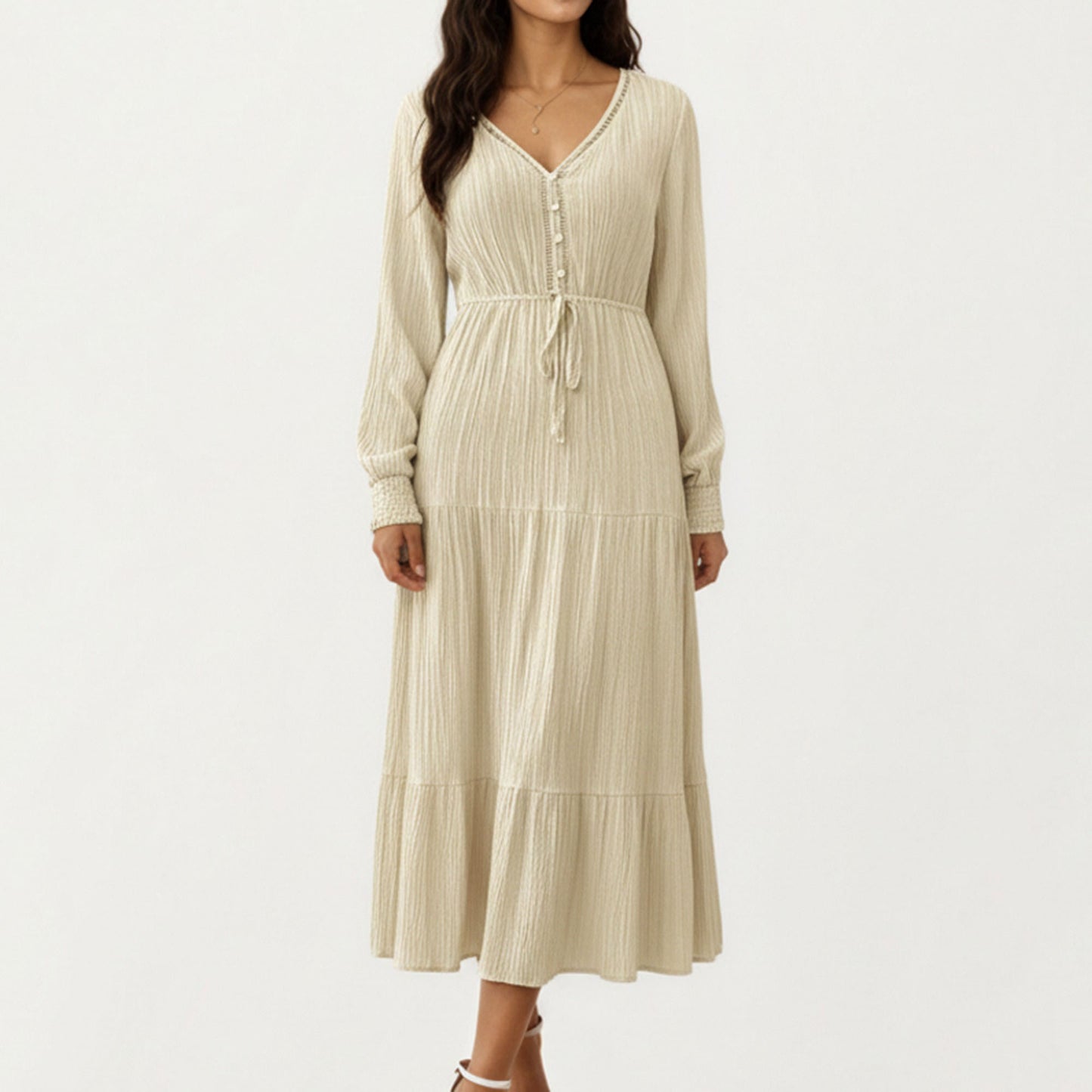 Pleated V-Neck Dress with Long Sleeves and Waist Tie