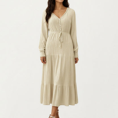 Pleated V-Neck Dress with Long Sleeves and Waist Tie