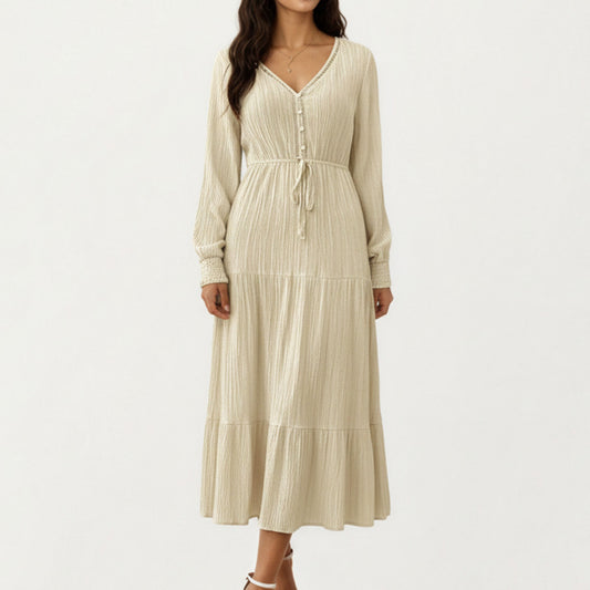 Pleated V-Neck Dress with Long Sleeves and Waist Tie