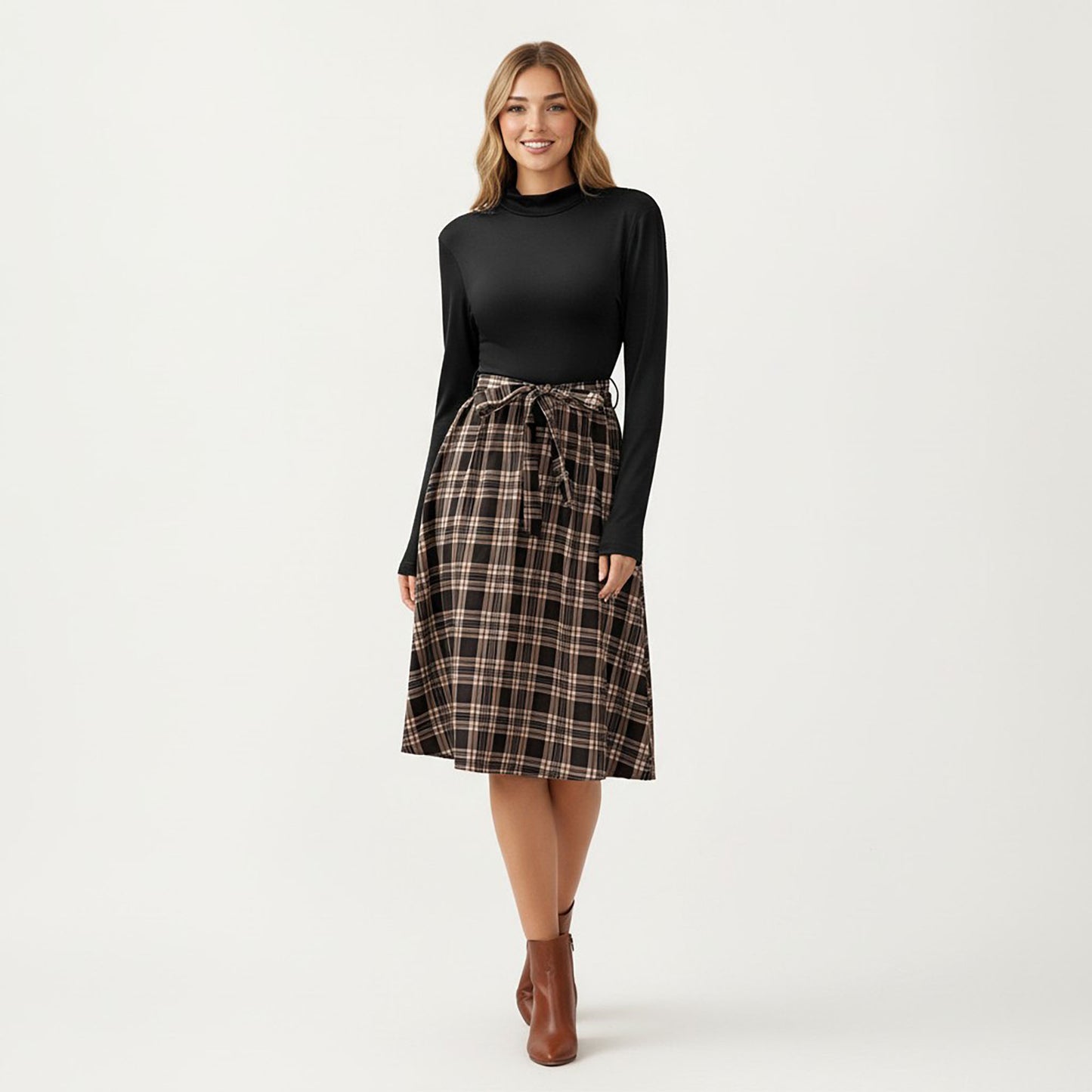 Long Sleeve Turtleneck Plaid Dress with Waist Tie