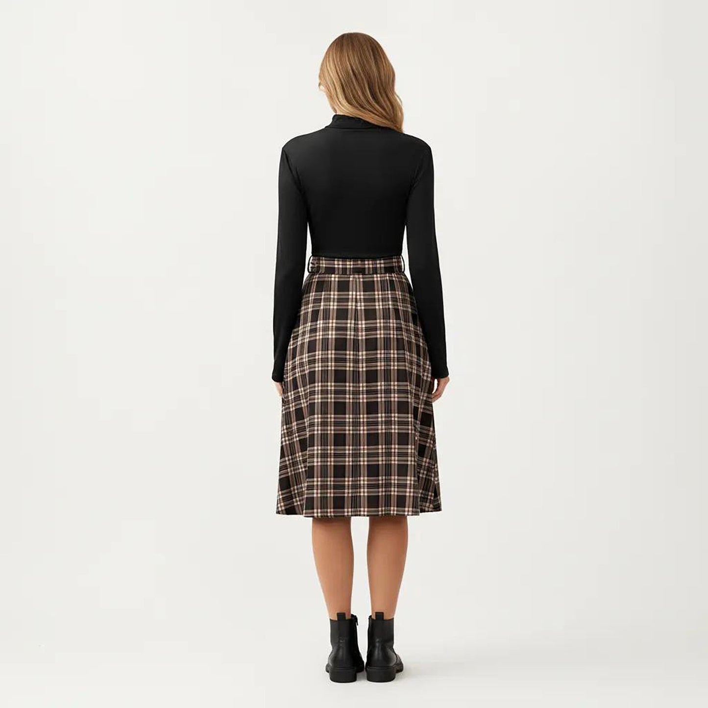 Long Sleeve Turtleneck Plaid Dress with Waist Tie