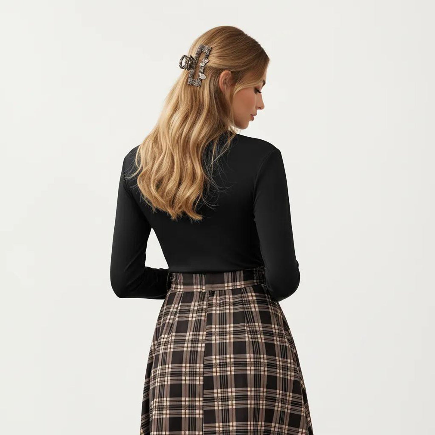 Long Sleeve Turtleneck Plaid Dress with Waist Tie