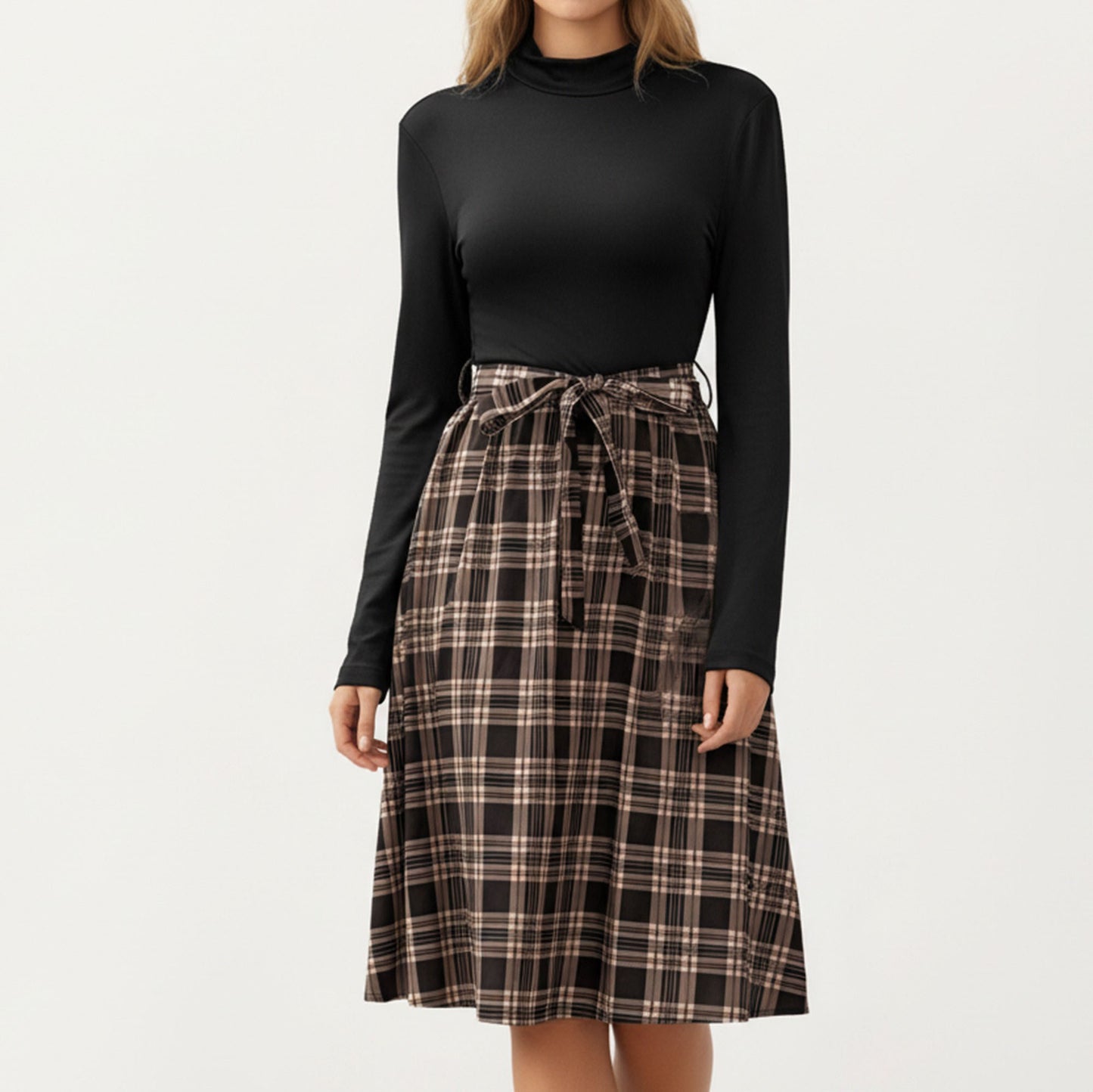 Long Sleeve Turtleneck Plaid Dress with Waist Tie