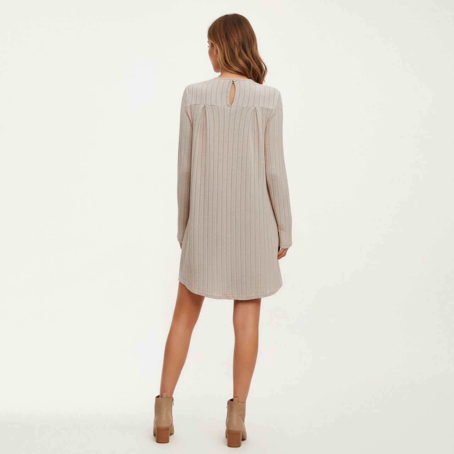 Long Sleeve Pleated Dress with Vertical Stripes