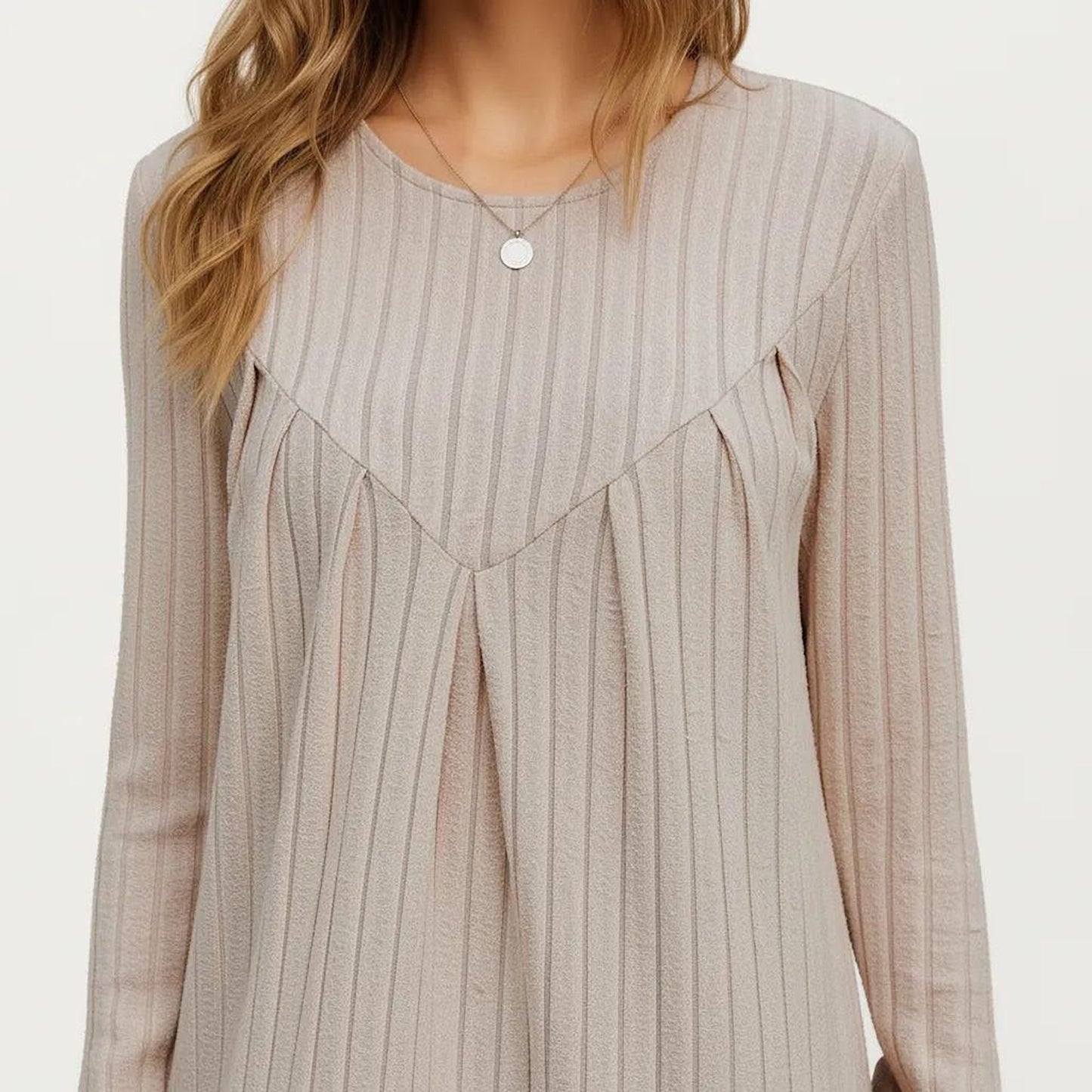 Long Sleeve Pleated Dress with Vertical Stripes