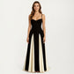 Spaghetti Strap Floor Length Dress with Fitted Bodice Flowing Skirt and Contrast Panel Design