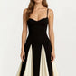 Spaghetti Strap Floor Length Dress with Fitted Bodice Flowing Skirt and Contrast Panel Design