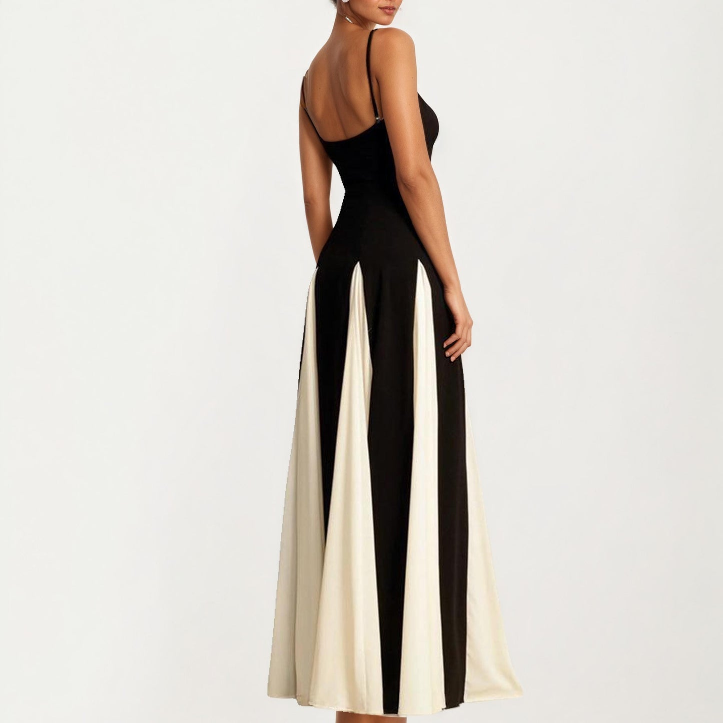 Spaghetti Strap Floor Length Dress with Fitted Bodice Flowing Skirt and Contrast Panel Design