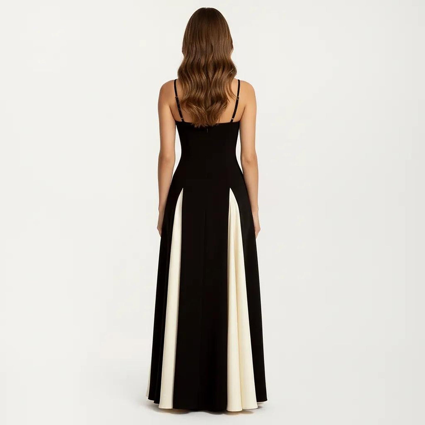 Spaghetti Strap Floor Length Dress with Fitted Bodice Flowing Skirt and Contrast Panel Design