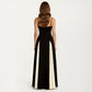 Spaghetti Strap Floor Length Dress with Fitted Bodice Flowing Skirt and Contrast Panel Design