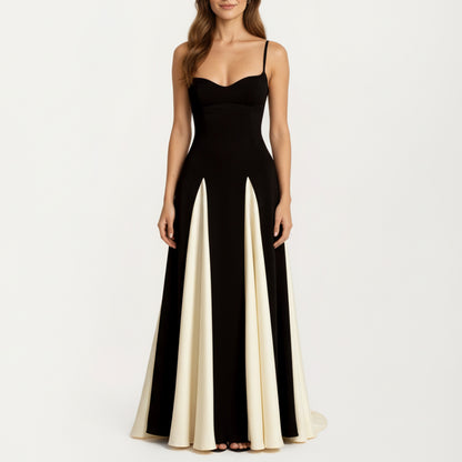 Spaghetti Strap Floor Length Dress with Fitted Bodice Flowing Skirt and Contrast Panel Design