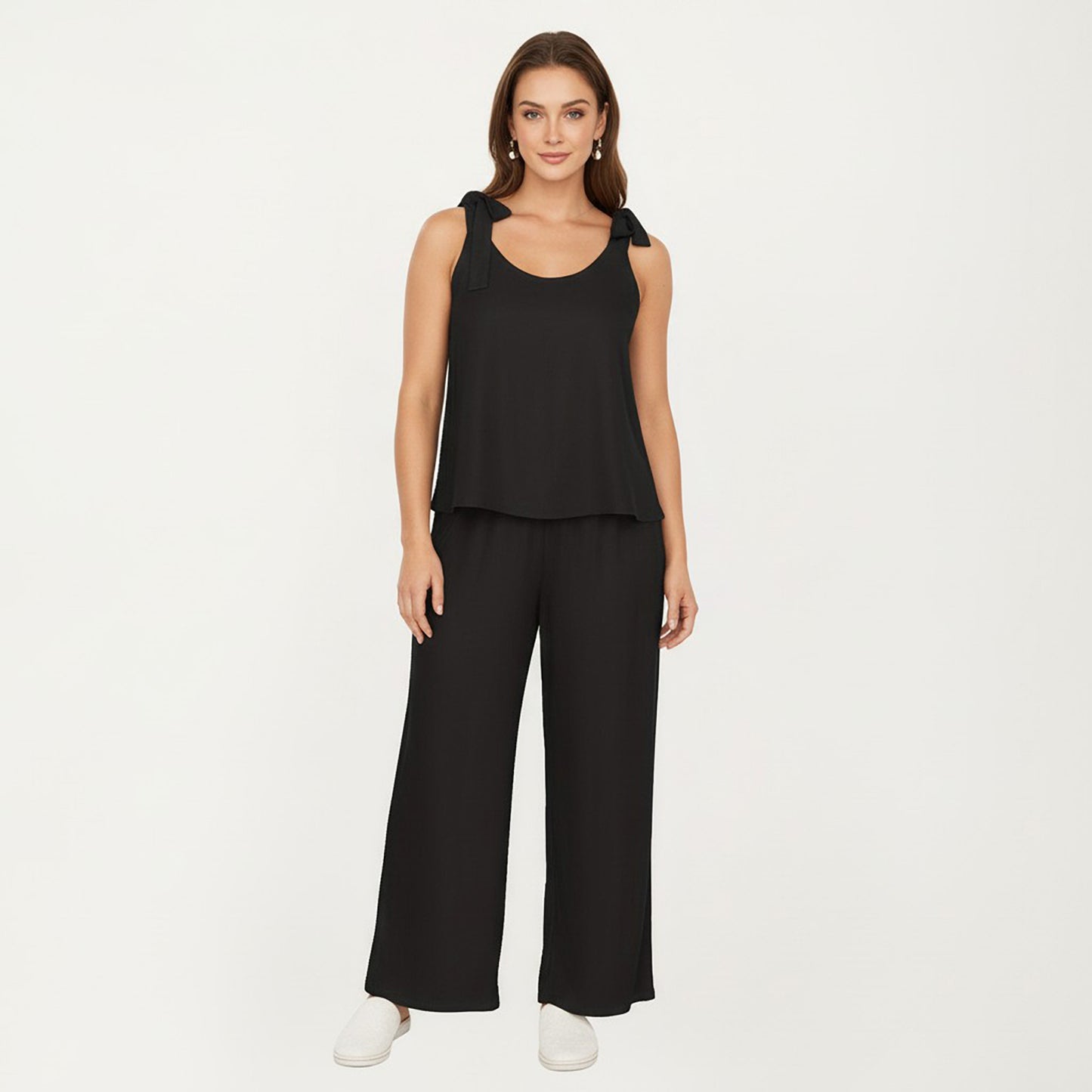 Sleeveless Wide Leg Jumpsuit with Tie Shoulder Straps Relaxed Fit Silhouette and Flowing Pants
