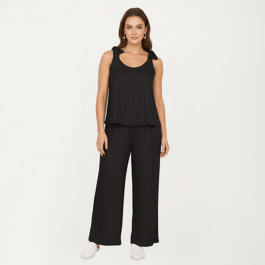 Sleeveless Wide Leg Jumpsuit with Tie Shoulder Straps Relaxed Fit Silhouette and Flowing Pants