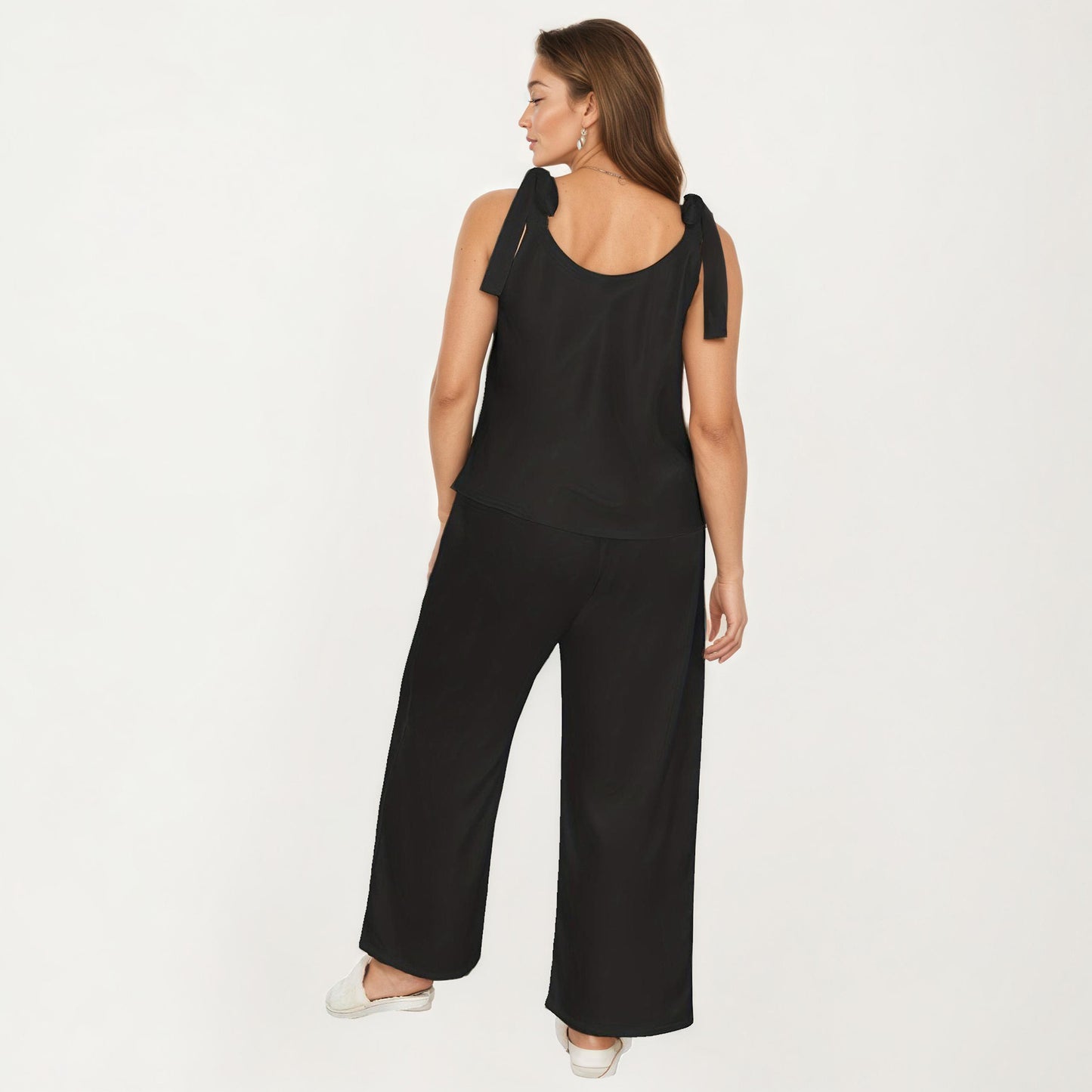 Sleeveless Wide Leg Jumpsuit with Tie Shoulder Straps Relaxed Fit Silhouette and Flowing Pants
