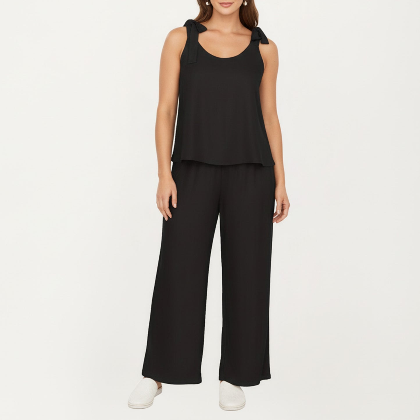 Sleeveless Wide Leg Jumpsuit with Tie Shoulder Straps Relaxed Fit Silhouette and Flowing Pants