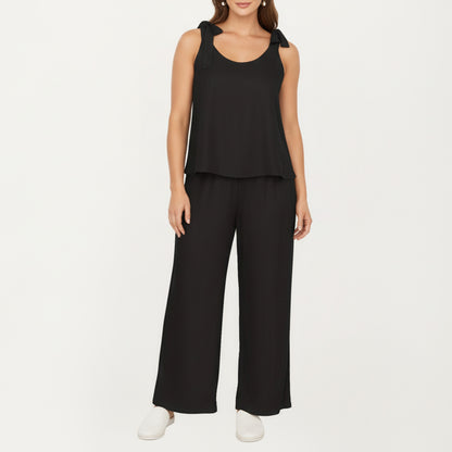 Sleeveless Wide Leg Jumpsuit with Tie Shoulder Straps Relaxed Fit Silhouette and Flowing Pants