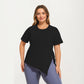 Short Sleeve Asymmetrical Hem Top with Side Ruched Detail Soft Stretch Fabric and Flattering Relaxed Fit