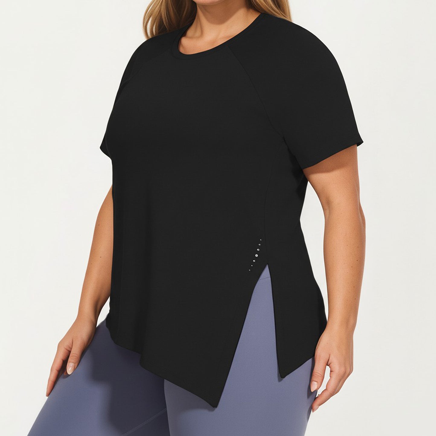 Short Sleeve Asymmetrical Hem Top with Side Ruched Detail Soft Stretch Fabric and Flattering Relaxed Fit