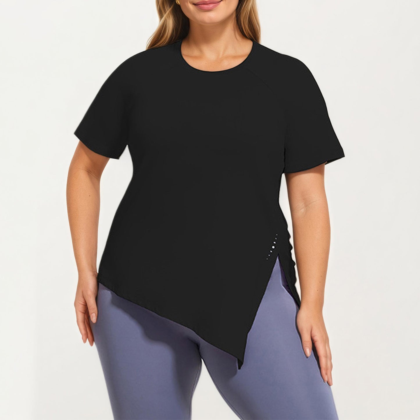 Short Sleeve Asymmetrical Hem Top with Side Ruched Detail Soft Stretch Fabric and Flattering Relaxed Fit