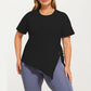 Short Sleeve Asymmetrical Hem Top with Side Ruched Detail Soft Stretch Fabric and Flattering Relaxed Fit