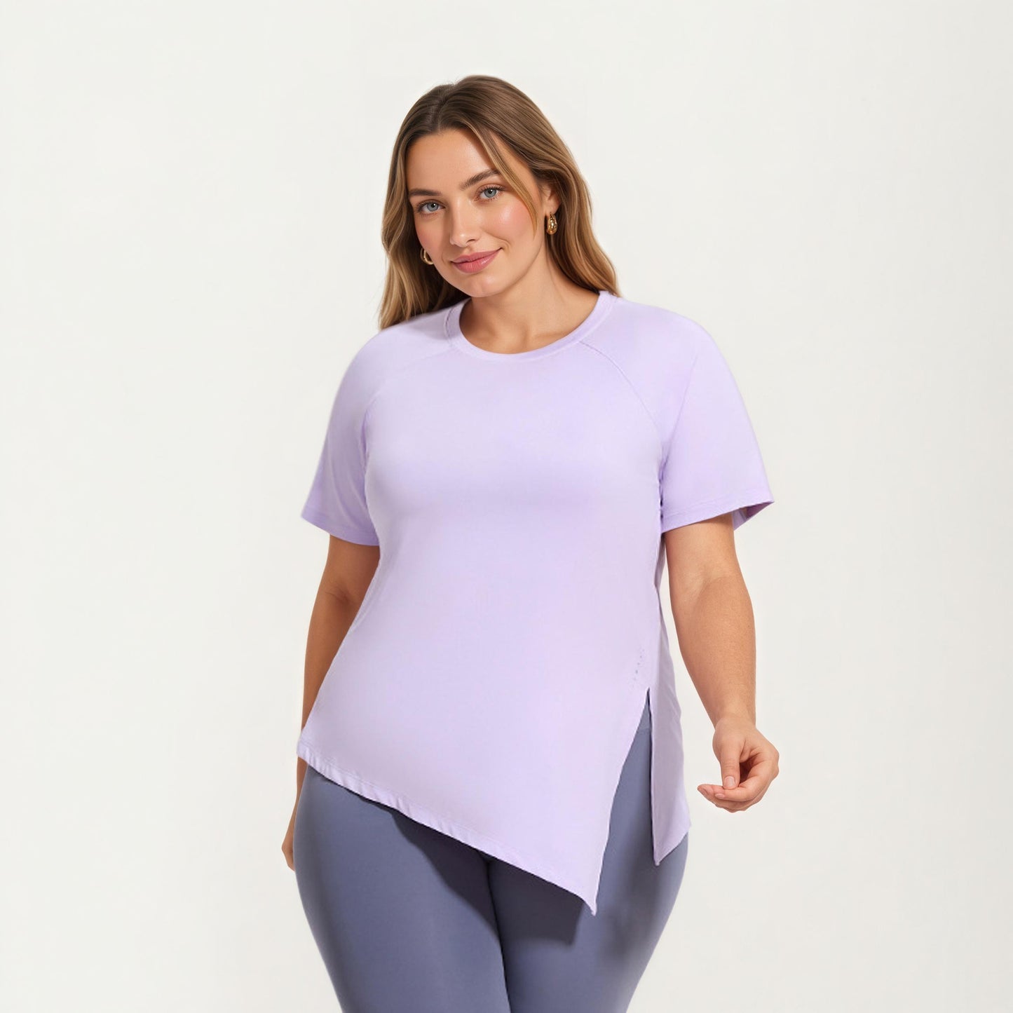 Short Sleeve Asymmetrical Hem Top with Side Ruched Detail Soft Stretch Fabric and Flattering Relaxed Fit