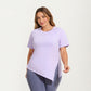 Short Sleeve Asymmetrical Hem Top with Side Ruched Detail Soft Stretch Fabric and Flattering Relaxed Fit