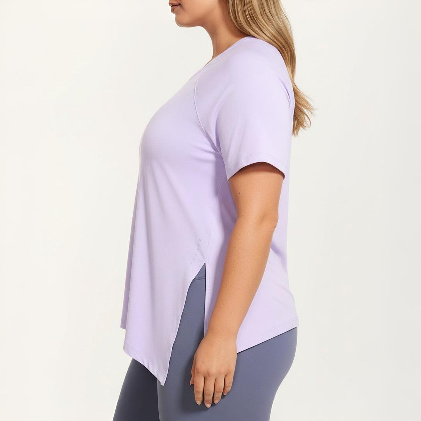 Short Sleeve Asymmetrical Hem Top with Side Ruched Detail Soft Stretch Fabric and Flattering Relaxed Fit