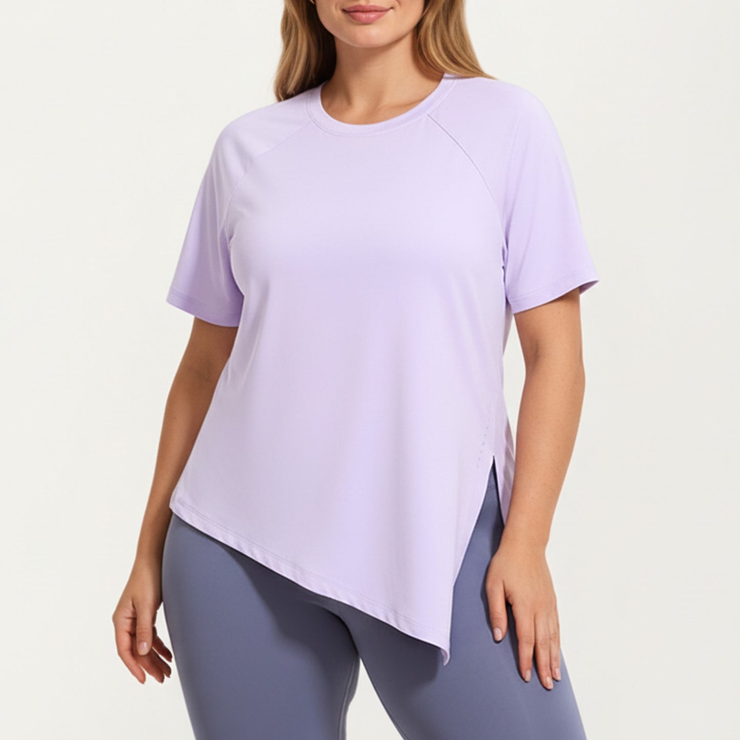 Short Sleeve Asymmetrical Hem Top with Side Ruched Detail Soft Stretch Fabric and Flattering Relaxed Fit