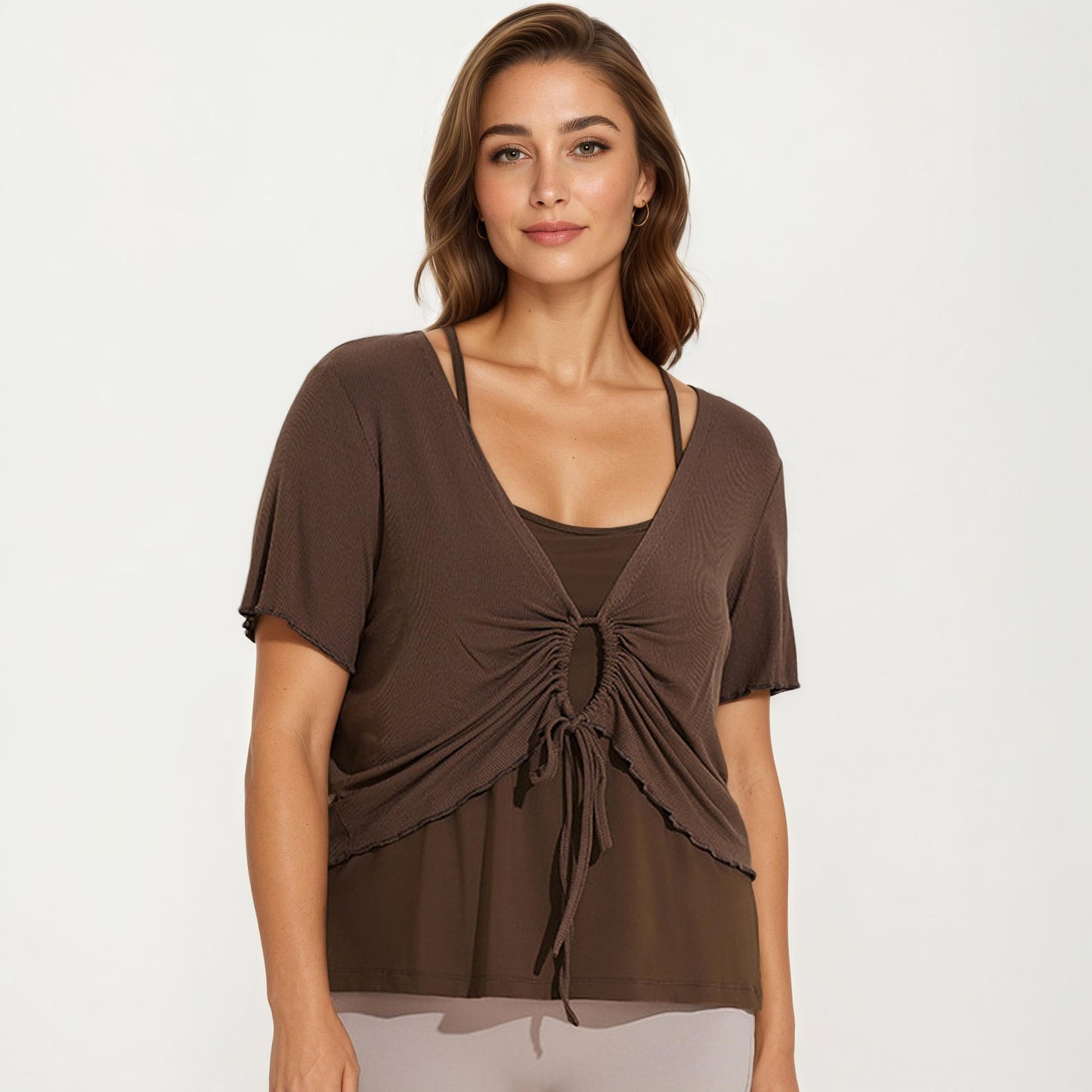 Short Sleeve Ruched Front Top with Adjustable Drawstring Soft Layered Fabric and Relaxed Fit