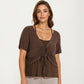 Short Sleeve Ruched Front Top with Adjustable Drawstring Soft Layered Fabric and Relaxed Fit