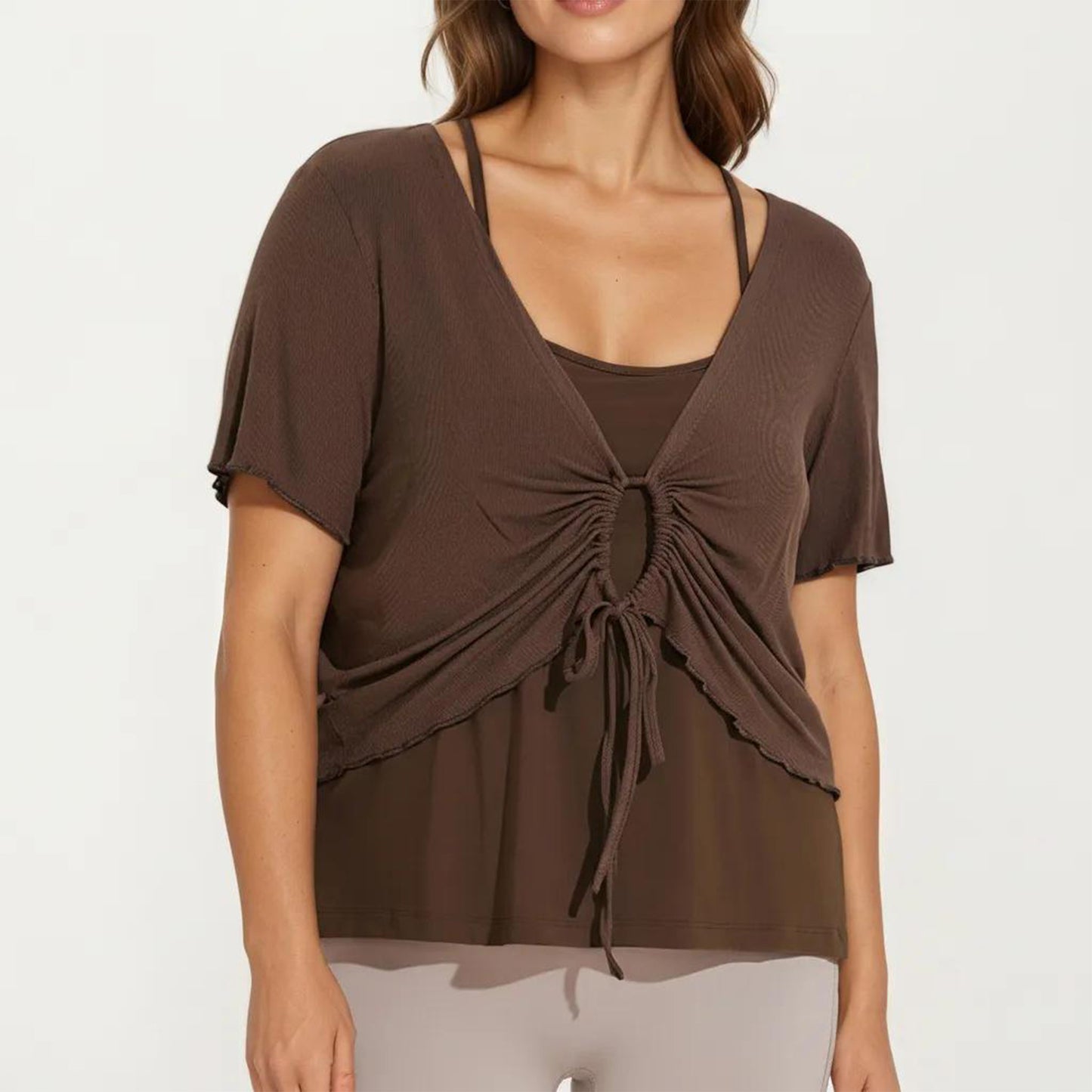 Short Sleeve Ruched Front Top with Adjustable Drawstring Soft Layered Fabric and Relaxed Fit