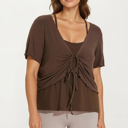 Short Sleeve Ruched Front Top with Adjustable Drawstring Soft Layered Fabric and Relaxed Fit