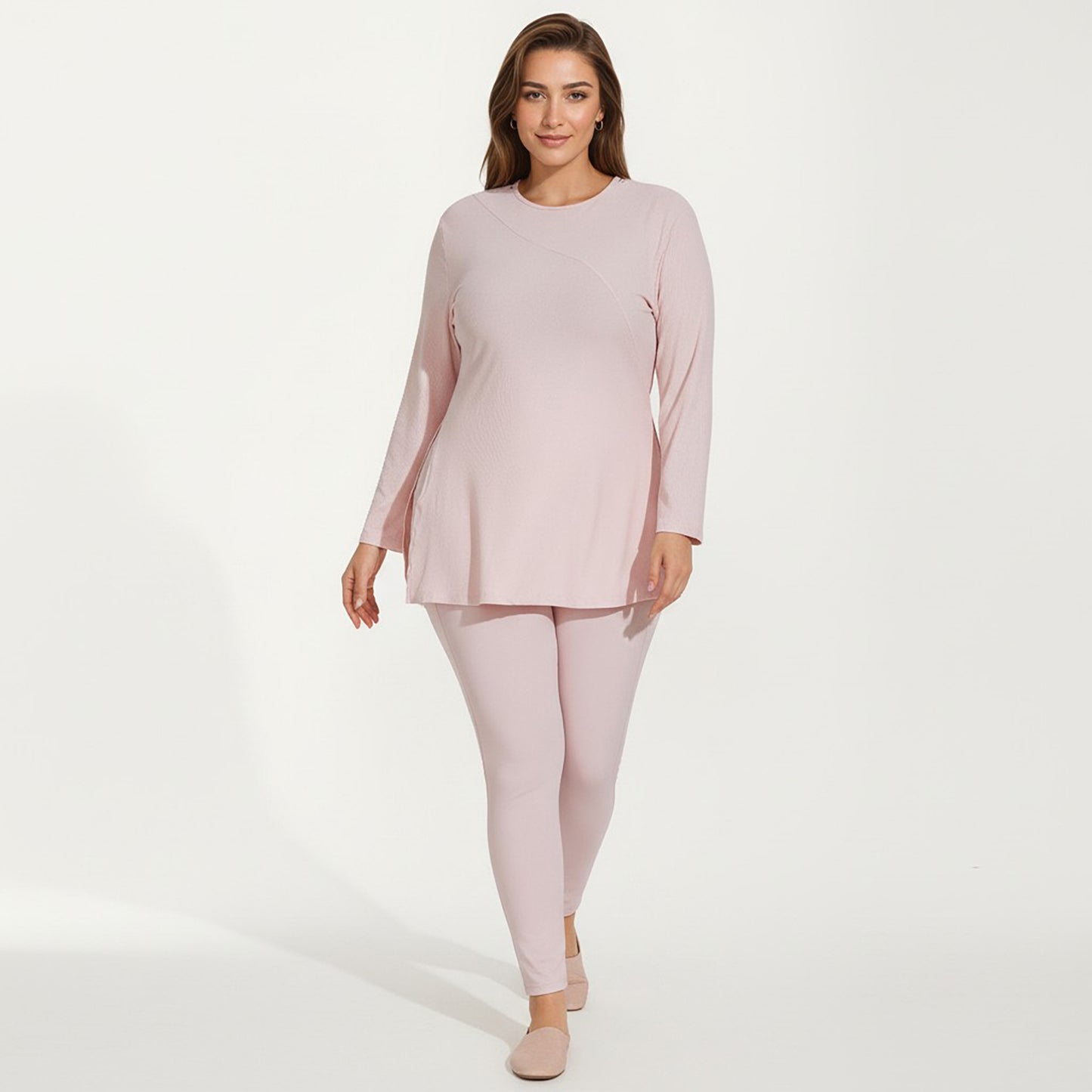 Long Sleeve Textured Tunic Top with Crew Neck Relaxed Fit and Flattering Seam Detail