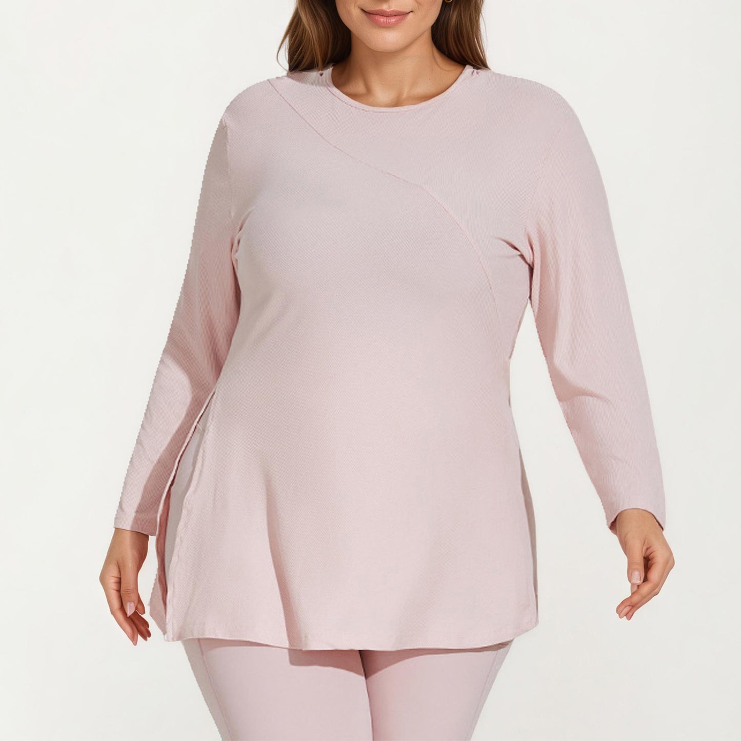 Long Sleeve Textured Tunic Top with Crew Neck Relaxed Fit and Flattering Seam Detail