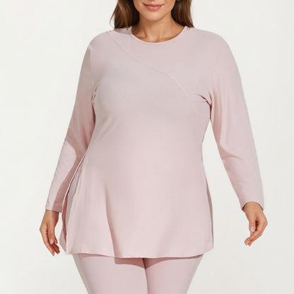 Long Sleeve Textured Tunic Top with Crew Neck Relaxed Fit and Flattering Seam Detail