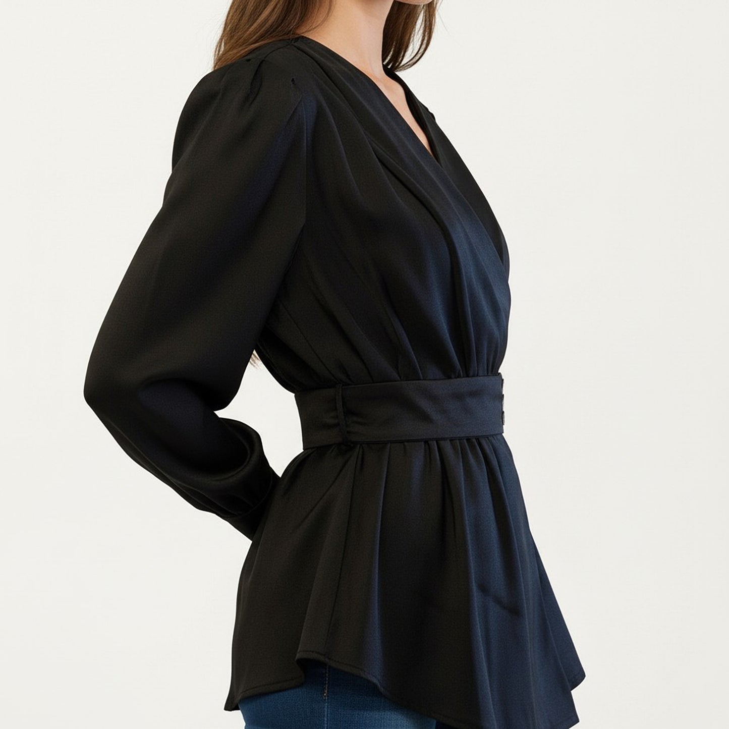 Long Sleeve Wrap Blouse with V Neck Waist Belt Detail and Flowy Draped Silhouette