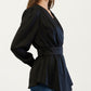 Long Sleeve Wrap Blouse with V Neck Waist Belt Detail and Flowy Draped Silhouette