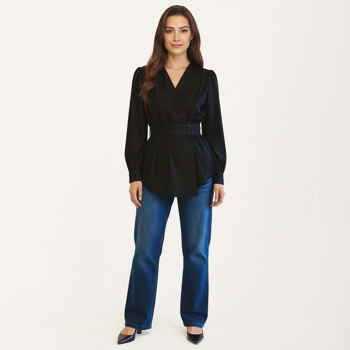 Long Sleeve Wrap Blouse with V Neck Waist Belt Detail and Flowy Draped Silhouette