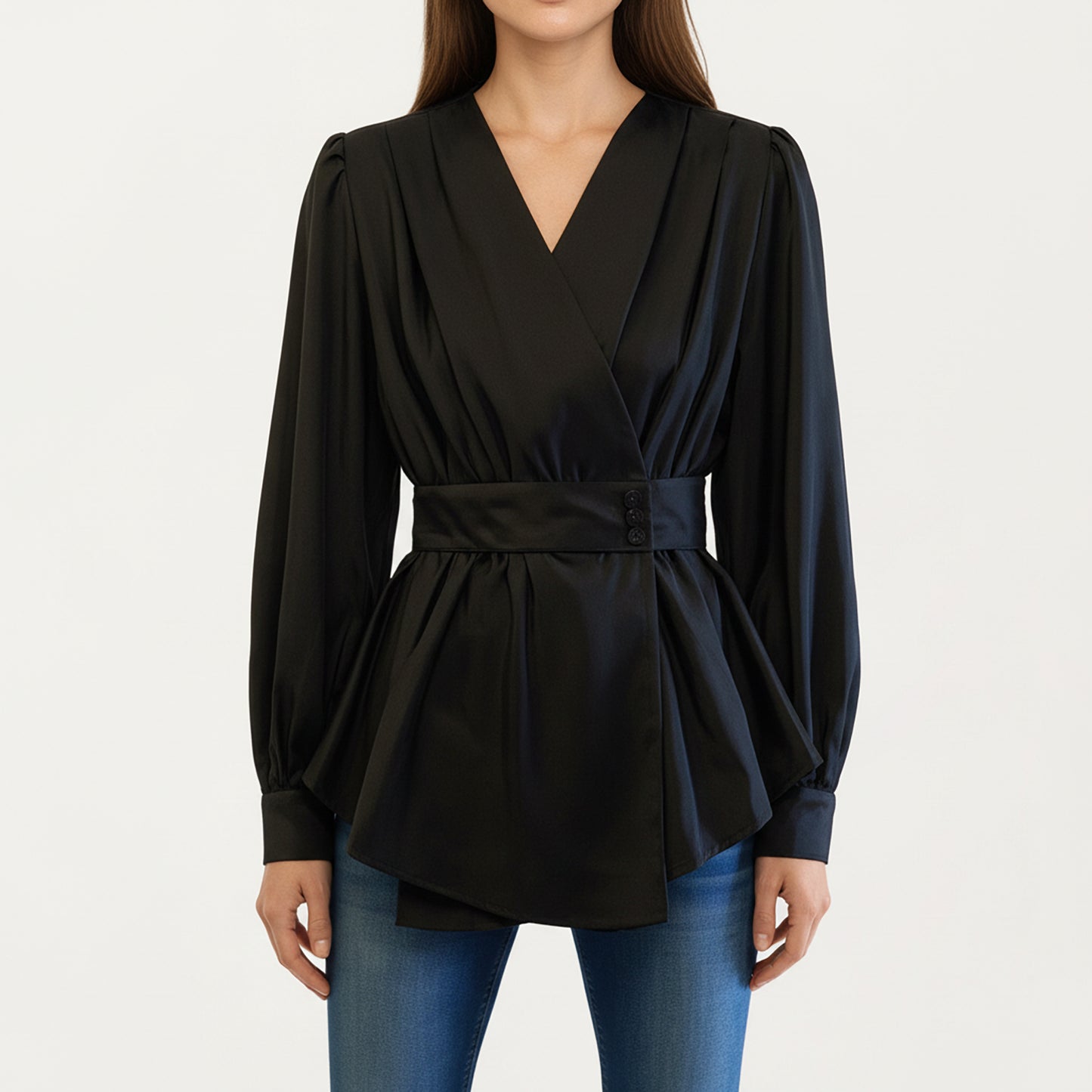 Long Sleeve Wrap Blouse with V Neck Waist Belt Detail and Flowy Draped Silhouette