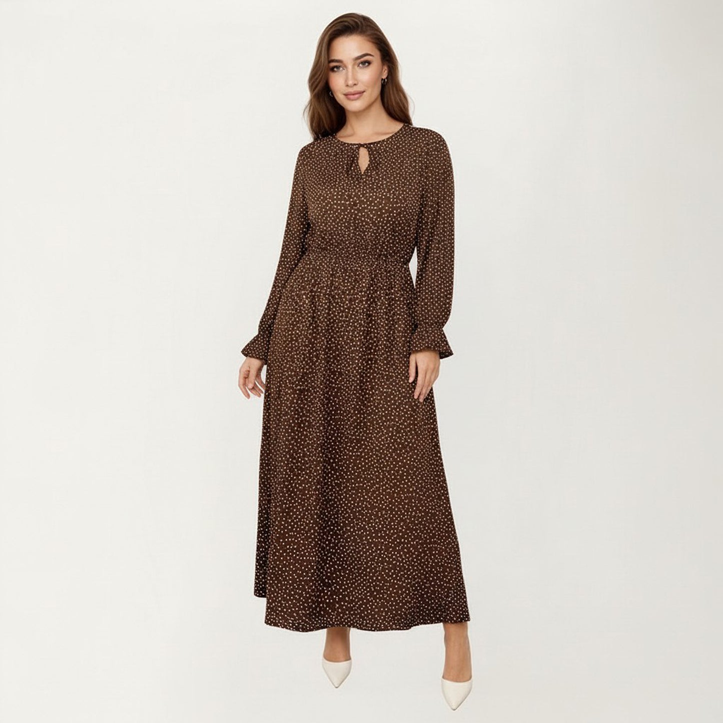 Long Sleeve Midi Dress with Keyhole Neckline Elastic Waist and Flowy A Line Skirt